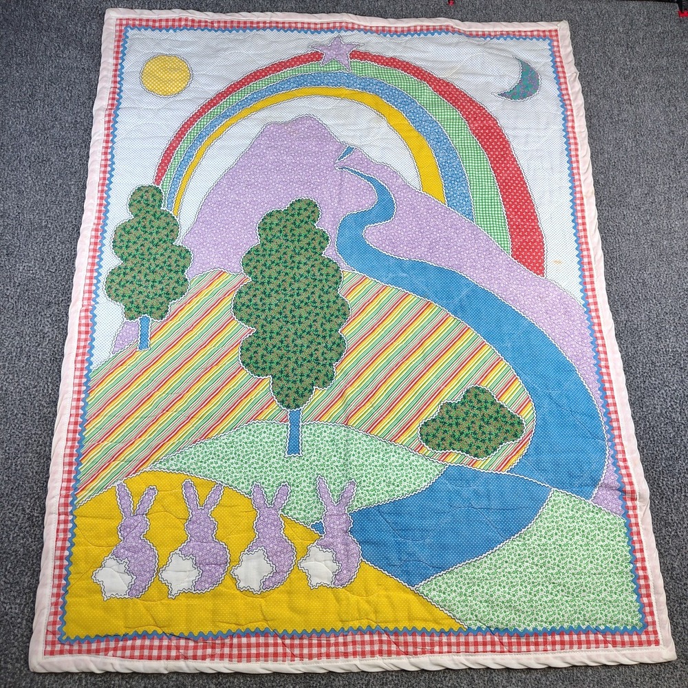 Baby Blanket Vintage Handmade QuiltRainbow Bright 1970's Colors/Style